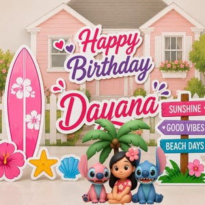 May include: A birthday party decoration set featuring a pink surfboard, a yellow starfish, a blue seashell, and a signpost with the text Sunshine, Good Vibes, and Beach Days. Includes a cartoon girl figure flanked by two blue and pink creatures.