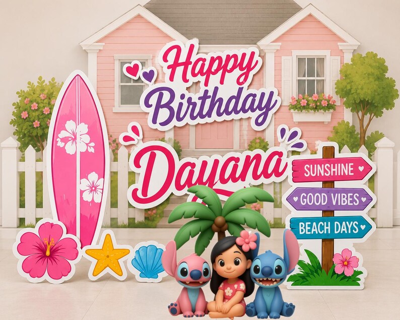 May include: A birthday party decoration set featuring a pink surfboard, a yellow starfish, a blue seashell, and a signpost with the text Sunshine, Good Vibes, and Beach Days. Includes a cartoon girl figure flanked by two blue and pink creatures.