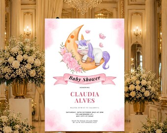 Einhorn-Babyparty-Willkommensschild, Blumenmond-Empfangsdekor, UV-gedruckter Schaumbrett-Aufsteller
