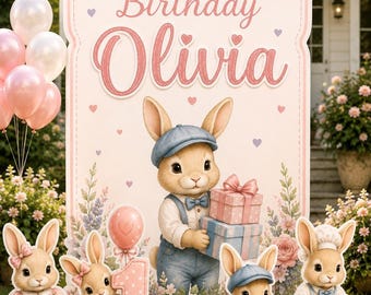 Bunny Birthday Foam Cutouts, Personalized Party Backdrop, Custom Character Prop
