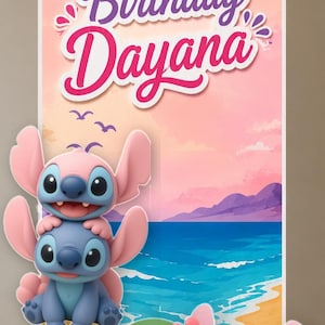 May include: An arched backdrop display featuring a beach sunset scene with the text Happy Birthday Dayana. The design includes a stacked pink and blue alien character, a girl with a pink flower in her hair, and a blue alien character at the base.