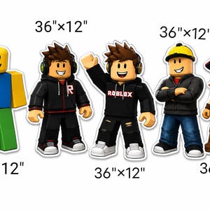 May include: Five Roblox character cutouts, each labeled with 36"x12" dimensions. The figures include a yellow-headed character, two characters in black hoodies with Roblox branding, a character in a yellow hard hat, and a pirate character.