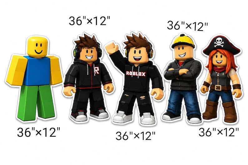May include: Five Roblox character cutouts, each labeled with 36"x12" dimensions. The figures include a yellow-headed character, two characters in black hoodies with Roblox branding, a character in a yellow hard hat, and a pirate character.