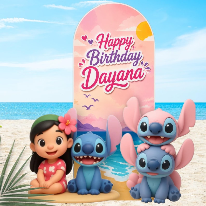 May include: A birthday party display featuring a tall arched sign with the text Happy Birthday Dayana, decorated with a sunset beach scene. In front are three figures: a girl with a pink flower in her hair and two blue alien characters.