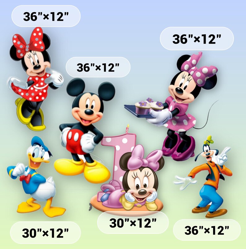 Pu&ograve; includere: Una collezione di sagome di personaggi Disney tra cui Topolino, Paperino, Pippo e due versioni di Minnie, una con dei cupcake e una con una candela a forma di numero uno. Le etichette indicano dimensioni di 36"x12" e 30"x12" per le figure.