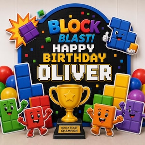 May include: A Block Blast themed birthday backdrop featuring a black board with the text "BLOCK BLAST! HAPPY BIRTHDAY OLIVER". The display includes colourful block characters, a gold trophy labelled "BLOCK BLAST CHAMPION", and various balloons.