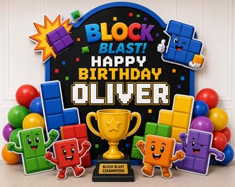 Block Blast Game Birthday Arch Backdrop, Foam Cutouts, Boys Celebration Decor