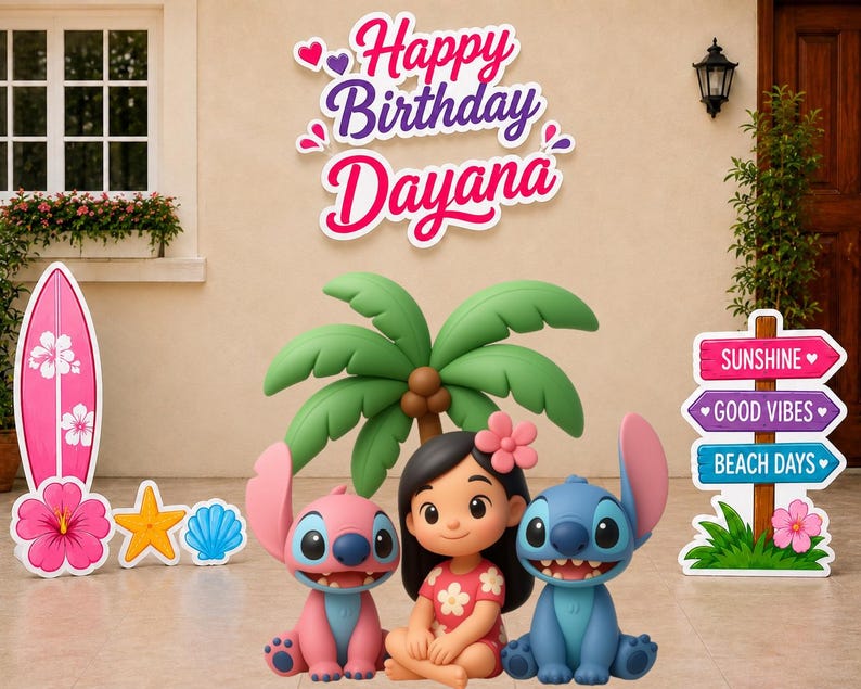 May include: A birthday party decoration set featuring a sign that reads Happy Birthday Dayana, a pink surfboard, a palm tree, a girl character, a pink alien, a blue alien, and a signpost with the text Sunshine, Good Vibes, and Beach Days.