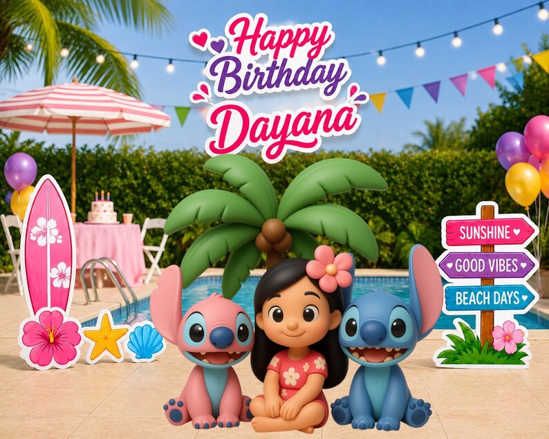Lilo and Stitch Cutouts, Beach Hawaiian Centerpieces, Angel Standees, Kids Birthday Party Decorations Full Theme
