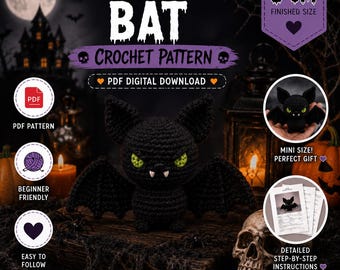 May include: A digital PDF crochet pattern for a mini bat, featuring a black crocheted bat with green eyes and white fangs. The pattern includes step-by-step instructions for a 5 cm finished size, designed for beginners with US terminology.