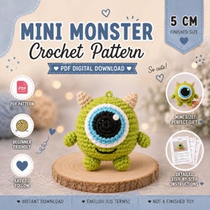 Mini One-Eyed Monster Crochet Pattern (PDF Download), Kawaii Amigurumi Tutorial