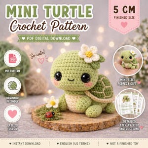 5cm Mini Turtle Crochet Pattern PDF – Tiny Kawaii Turtle Amigurumi, Easy Cute Plush Toy