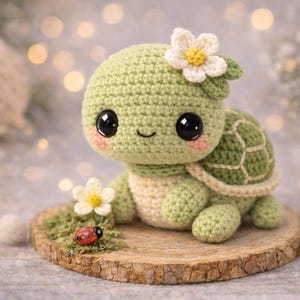 May include: A crocheted turtle figurine in shades of green and cream, adorned with a white flower on its head and a matching flower at its feet. The turtle has large black eyes and rosy cheeks, sitting on a wooden slice.
