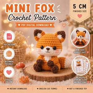 Patrón de ganchillo de zorro pequeño en PDF, mini zorro amigurumi de 5 cm, animalito kawaii adorable, patrón de peluche pequeño, regalo DIY, descarga instantánea