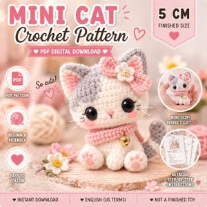 Può includere: Un modello all'uncinetto per un mini gatto, con una dimensione finita di 5 cm. Il modello è un download digitale PDF ed è adatto ai principianti. L'immagine mostra un gatto finito con un fiocco rosa, una sciarpa e una campana.