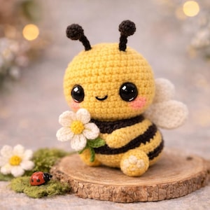Puede incluir: Figura de abeja de ganchillo con cuerpo amarillo, rayas negras y alas blancas. La abeja sostiene una margarita blanca y está sentada sobre una rodaja de madera. Una pequeña mariquita y más margaritas están cerca.
