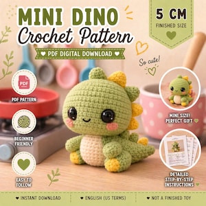 Puede incluir: Un dinosaurio verde tejido a ganchillo con detalles amarillos, de aproximadamente 5 cm de altura, es el foco principal. La imagen es una promoción para una descarga digital de "Mini Dino Crochet Pattern". El texto incluye "Apto para principiantes" y "Fácil de seguir".
