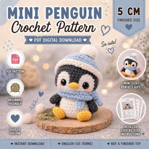 Virkmönster för minipingviner i PDF-format – Liten kawaii-pingvin-amigurumi, enkel söt plyschleksak