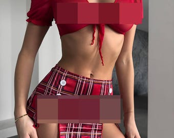 Red Plaid Lingerie Set, Crop Top Mini Skirt, Choker Tie, Sheer Stockings