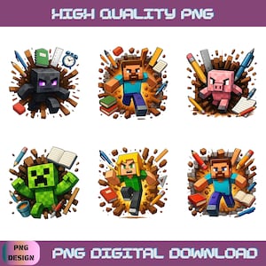 May include: A set of six digital illustrations featuring blocky characters from a video game, including an Enderman, Steve, a pig, a Creeper, and Alex, surrounded by school supplies like pencils, rulers, books, and pens, with the text HIGH QUALITY PNG.
