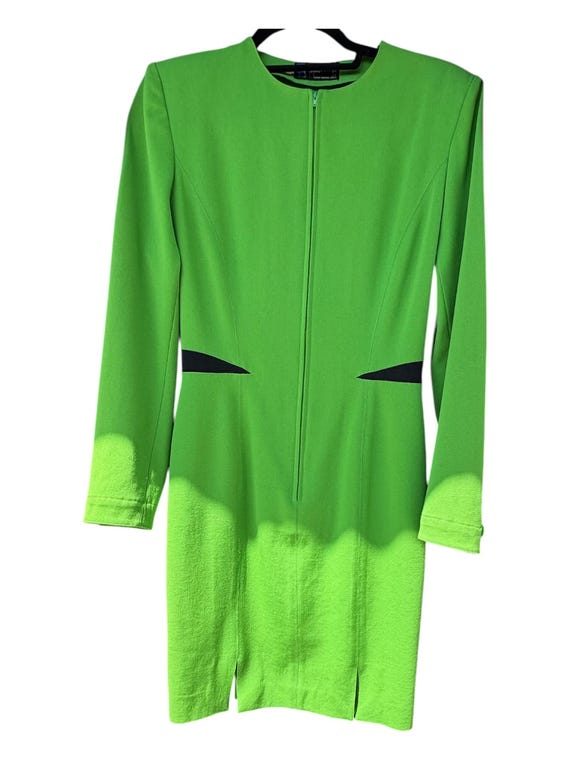 Claude Montana, Rare Vintage 1980s Claude Montana Green Wool Sheath Midi Dress with Waist Cutouts