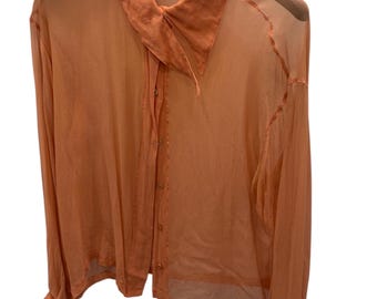 Bluzka z jedwabiu vintage Claude Montana Sheer Silk - koszula z kołnierzykiem w stylu Runway Avant-Garde - IT 44