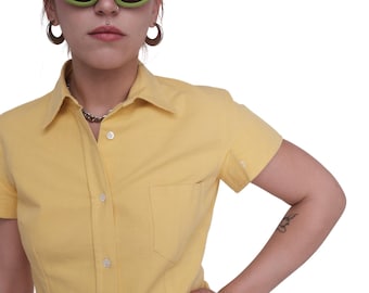 Bluzka Dolce & Gabbana w stylu vintage z żółtej bawełny – koszula z krótkim rękawem i guzikami z archiwum lat 90. – minimalistyczny top Y2K – rozmiar IT 44