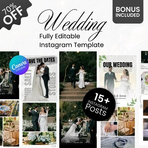 Könnte beinhalten: Eine digitale Vorlage für Instagram-Posts mit Hochzeitsmotiven. Das Bild zeigt verschiedene Layouts mit Fotos von Paaren, Eheringen und Blumenarrangements. Der Text enthält "Wedding", "Fully Editable" und "15+ Instagram Posts."
