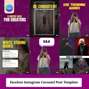 Könnte beinhalten: Eine lila Instagram-Karussell-Post-Vorlage mit weißem Text und Bildern. Die Vorlage enthält Tipps für Content-Ersteller, wie z. B. die Verwendung von Trend-Audios und das Schreiben starker Hooks. Der Text enthält "5 Content Ideas for Creators" und "Faceless Instagram Carousel Post Template."