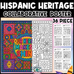 May include: A 36-piece Hispanic Heritage collaborative poster set featuring a large square design with intricate floral and geometric patterns. The text reads OUR HERITAGE MAKES US SHINE! One half is colored in vibrant hues, while the other is black and white.