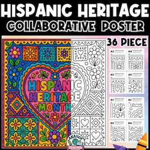 May include: A 36-piece Hispanic Heritage collaborative poster kit featuring a large heart design with floral and geometric patterns. The poster displays the text Hispanic Heritage Month in colorful letters, with both a colored version and a black and white outline version for coloring, plus smaller individual page samples.