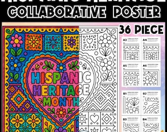 May include: A 36-piece Hispanic Heritage collaborative poster kit featuring a large heart design with floral and geometric patterns. The poster displays the text Hispanic Heritage Month in colorful letters, with both a colored version and a black and white outline version for coloring, plus smaller individual page samples.