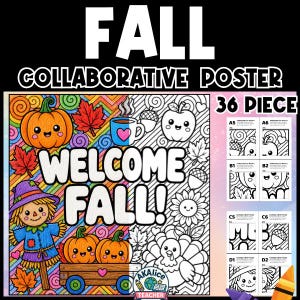 May include: A 36-piece fall collaborative poster kit featuring a split design. The left side is colored with a scarecrow, pumpkins, and leaves. The right side is a black and white line art version. The text reads "WELCOME FALL!" and "FALL COLLABORATIVE POSTER".