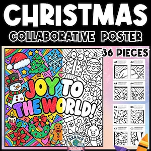 May include: A Christmas collaborative poster activity with 36 pieces. The design features the text JOY TO THE WORLD, a snowman, a Christmas tree, a wreath, a gingerbread man, and a Santa hat. Half is colored, half is black and white line art.