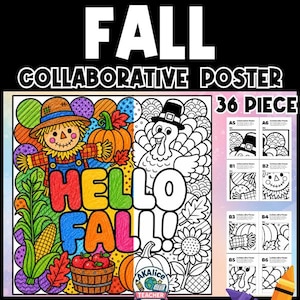 May include: A 36-piece fall collaborative poster featuring a scarecrow, pumpkin, turkey, and corn. The design includes the text HELLO FALL in large letters. The left side is colored in vibrant hues, while the right side remains in black and white line art for coloring. Small thumbnails show individual pieces.