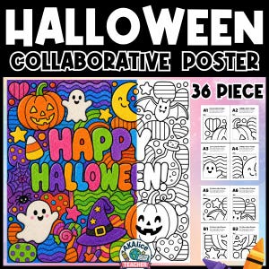 May include: A 36-piece Halloween collaborative poster set featuring a colorful, completed design on the left and a black-and-white outline version on the right. The text reads HAPPY HALLOWEEN, with illustrations of ghosts, pumpkins, a bat, and a moon.