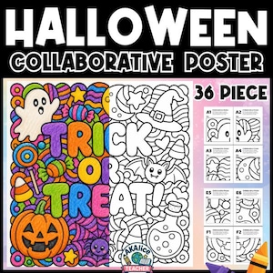 May include: A 36-piece Halloween collaborative poster set featuring a coloring activity with the text HALLOWEEN COLLABORATIVE POSTER and TRICK OR TREAT. The design includes a ghost, pumpkin, bat, witch hat, and candy in vibrant colors.