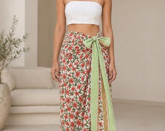 Sage Green Red Floral Cotton Sarong, Hand Block Print Beach Wrap, Large Botanical Skirt