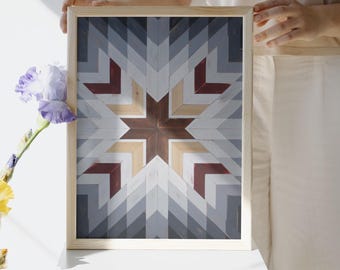 Handcrafted Geometry Wood Wall Art Boho Look in Blue Red and White Color