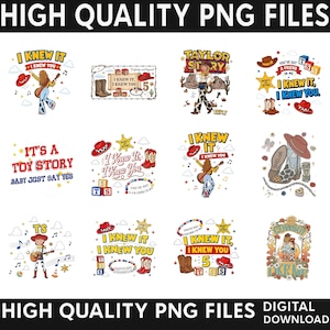 Peut inclure: Une collection de douze designs graphiques num&eacute;riques pr&eacute;sentant des illustrations sur le th&egrave;me western, des chapeaux de cow-boy, des bottes, des guitares et du texte incluant I KNEW IT, I KNEW YOU, TAYLOR STORY, IT'S A TOY STORY et TS.