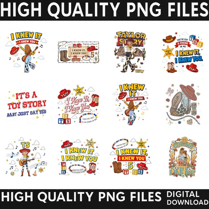 Peut inclure: Une collection de douze designs graphiques num&eacute;riques pr&eacute;sentant des illustrations sur le th&egrave;me western, des chapeaux de cow-boy, des bottes, des guitares et du texte incluant I KNEW IT, I KNEW YOU, TAYLOR STORY, IT'S A TOY STORY et TS.