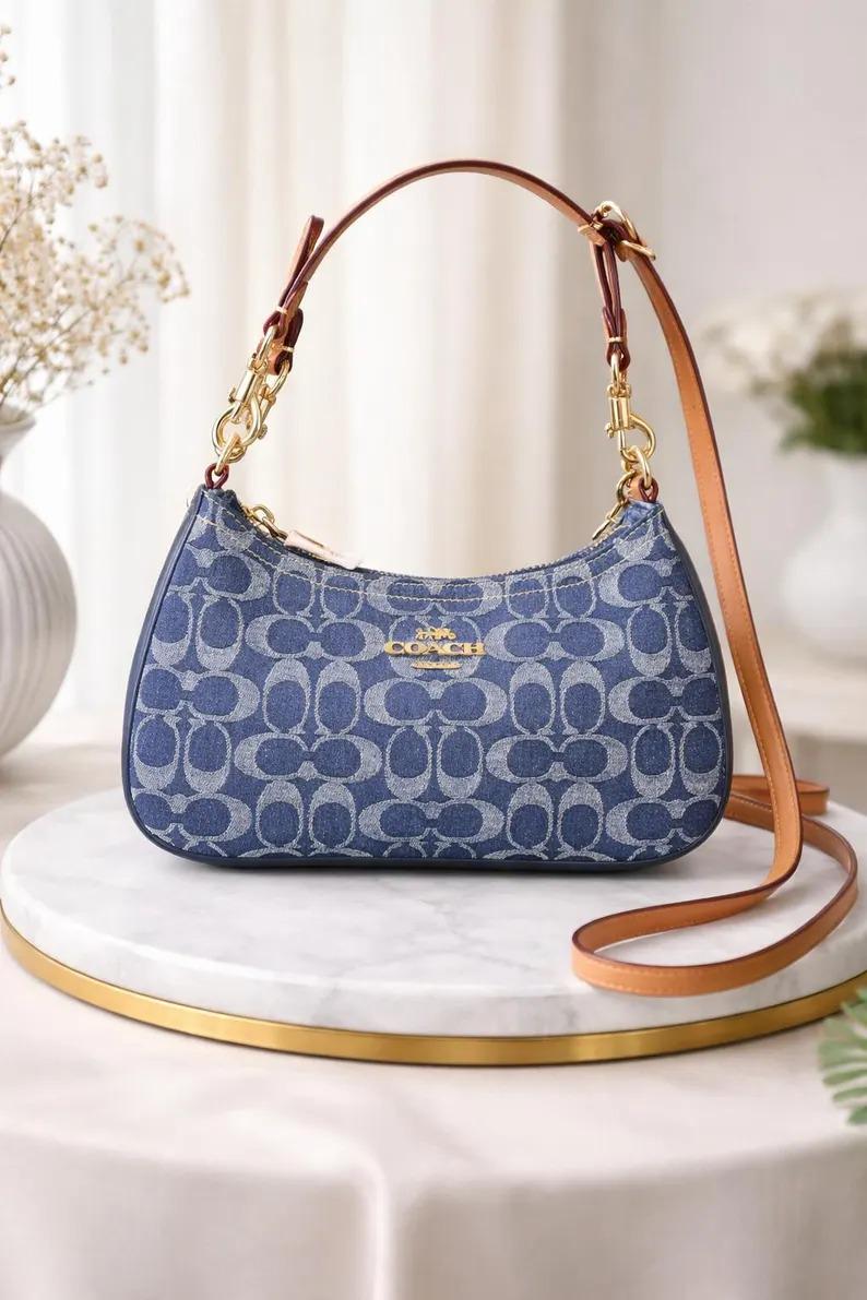 Coach Teri Signature Denim Shoulder Bag, Blue Monogram Canvas 