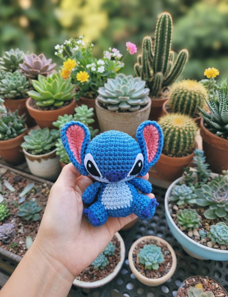 May include: A blue crochet Stitch doll with pink inner ears and black eyes is held in front of a collection of potted succulents and cacti. The doll has a light blue belly and is made of yarn.
