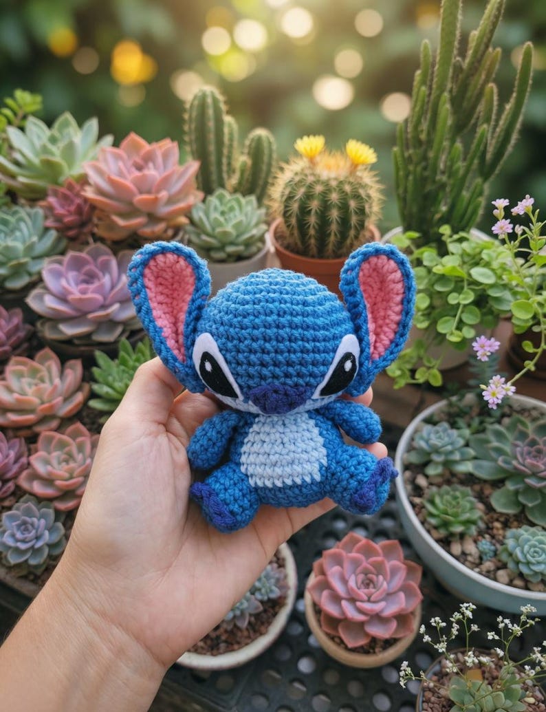 May include: A handmade blue crochet Stitch doll with pink inner ears and black eyes. The plush toy is held in front of a background of various succulents and cacti in pots, with soft sunlight in the background.