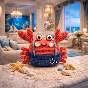 Pode incluir: Um brinquedo de caranguejo de crochê feito à mão em vermelho e azul. O caranguejo tem olhos grandes, garras e um rosto sorridente. Ele está usando macacão azul com enfeites decorativos. Conchas e uma estrela-do-mar são dispostas ao redor do caranguejo em uma superfície arenosa.