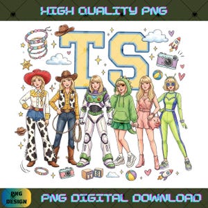 May include: A digital illustration featuring six blonde figures in various outfits, including a cowgirl, a space ranger, and a dinosaur hoodie, arranged before large yellow letters TS. The design includes small icons like a camera, rocket, and ball.