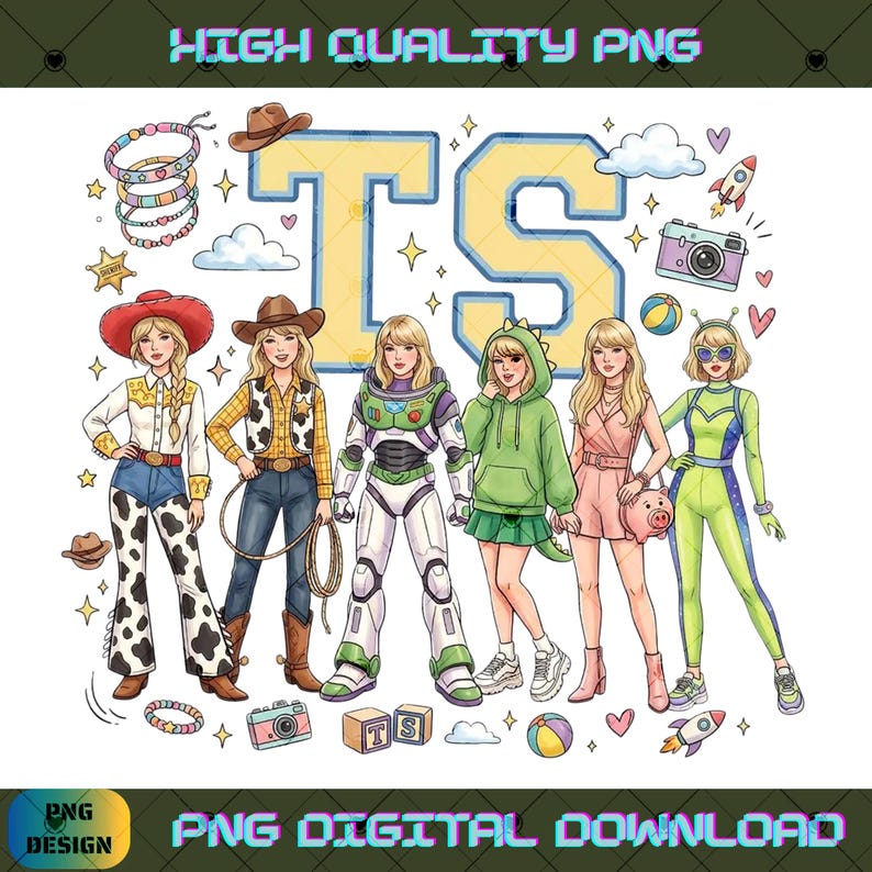 May include: A digital illustration featuring six blonde figures in various outfits, including a cowgirl, a space ranger, and a dinosaur hoodie, arranged before large yellow letters TS. The design includes small icons like a camera, rocket, and ball.