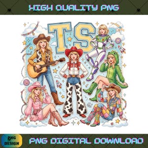 Op de afbeelding: Een digitale illustratie met zes blonde figuren in verschillende outfits, waaronder een cowgirl met een gitaar, een space ranger, een dinosauruspak en kleding in westernstijl. De letters TS verschijnen in het midden, omringd door sterren en wolken.