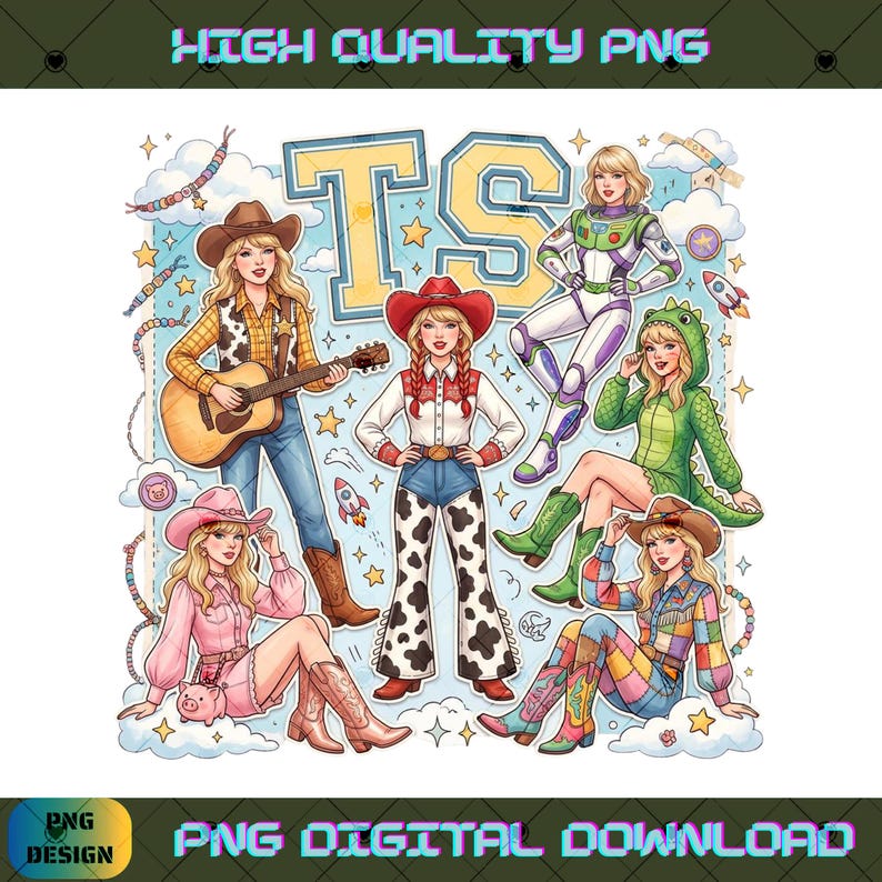 Op de afbeelding: Een digitale illustratie met zes blonde figuren in verschillende outfits, waaronder een cowgirl met een gitaar, een space ranger, een dinosauruspak en kleding in westernstijl. De letters TS verschijnen in het midden, omringd door sterren en wolken.