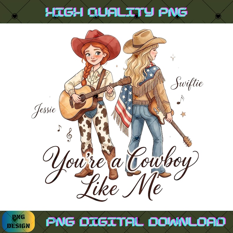Pode incluir: Ilustra&ccedil;&atilde;o digital de duas figuras com trajes de cowboy. Uma tem cabelo ruivo, chap&eacute;u vermelho e cal&ccedil;as com estampa de vaca, tocando viol&atilde;o. A outra tem cabelo loiro, chap&eacute;u bege e um xale com padr&atilde;o de bandeira, segurando uma guitarra el&eacute;trica. Texto: Jessie, Swiftie, You're a Cowboy Like Me.